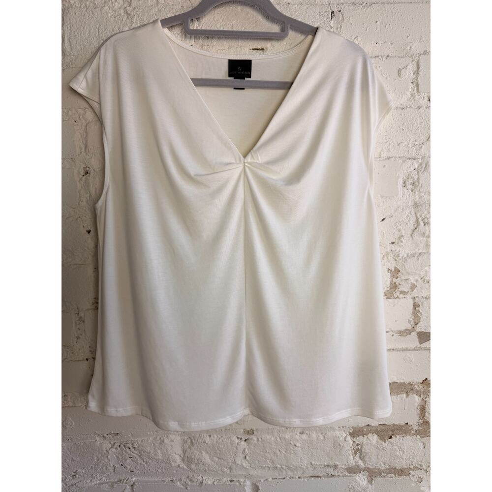 Worthington White Blouse L Twist Front V Neck Cap Sleeve Office Chic Top
